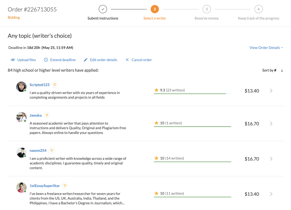 Compare the bids for completing your assignment on ThePensters